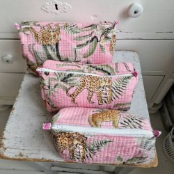 Lyserde Indiske Bloktrykte kosmetik/toilettasker med tigere og palmeblade.