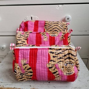 Pink og rde striber Indiske Bloktrykte kosmetik/toilettasker med tigere 