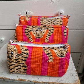 Orange og pink stribede Indiske Bloktrykte kosmetik/toilettasker med tigere