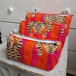 Orange og pink stribede Indiske Bloktrykte kosmetik/toilettasker med tigere