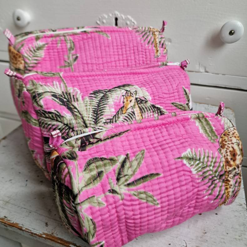 Pink Indiske Bloktrykte kosmetik/toilettasker med tigere og palmer.