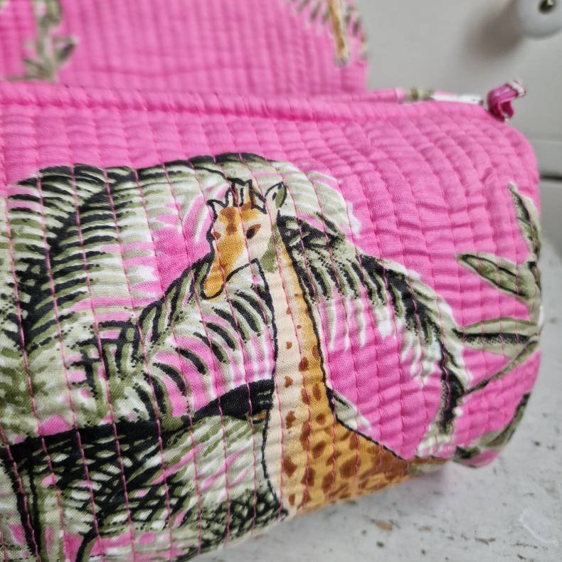 Pink Indiske Bloktrykte kosmetik/toilettasker med tigere og palmer.