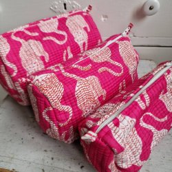 Pink Indiske Bloktrykte kosmetik/toilettasker med tigere.