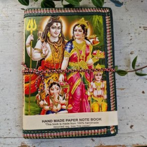 H�ndlavet bog med guldtryk af Shiva, Parvati og Ganesha M