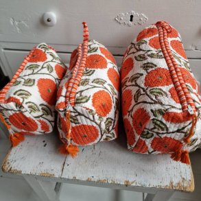 Hvide Indiske Bloktrykte kosmetik/toilettasker med store orange blomster