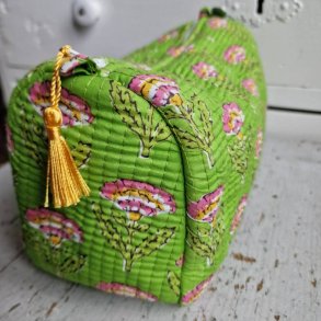 Klar gr�n  Indiske Bloktrykte kosmetik/toilettasker med blomster p� stilk