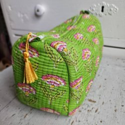 Klar gr�n  Indiske Bloktrykte kosmetik/toilettasker med blomster p� stilk