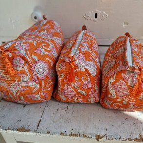Orange Indiske Bloktrykte kosmetik/toilettasker med lyser�de blomster