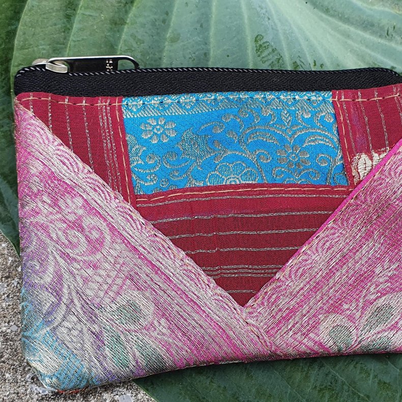 Luksus silke pung, rosa/mrkrd, lille